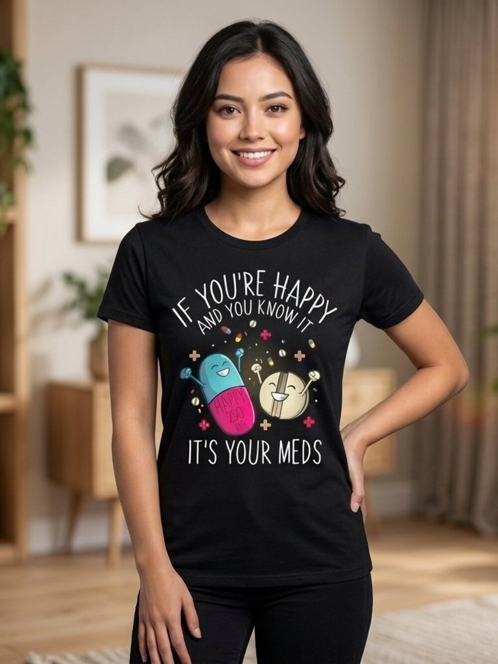 Happy Meds Humor Tee Playful Mental Health Graphic Shirt Unisex Casual Street